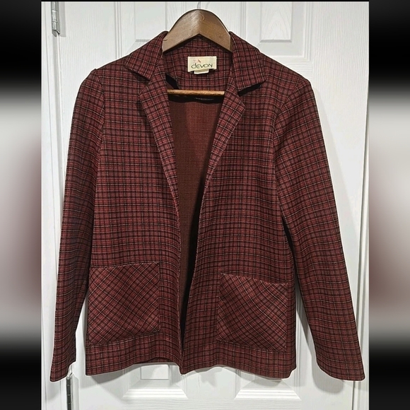 Devon Jackets & Blazers - Vintage Devon M Open Front Blazer Plaid Red Academia Holiday Goth Union Made